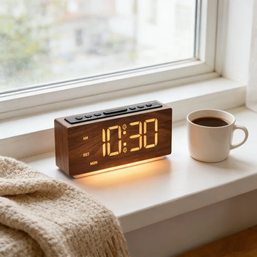 Modern Minimalist Digital LED Wooden Alarm Clock - Adjustable Brightness Nightlight & Snooze Function for Bedroom Decor