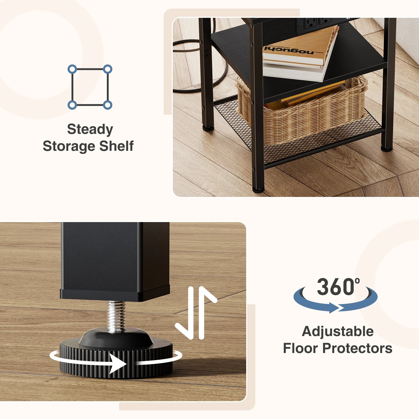 3-Tier Side Table with Charging Station and Adjustable Shelves