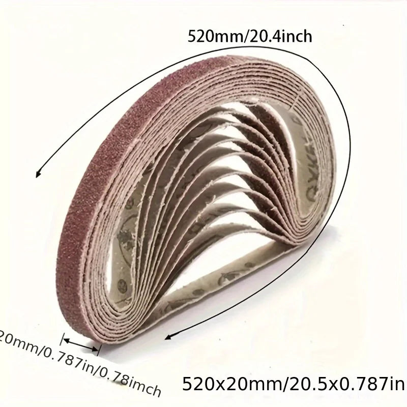20 × 520 mm Sanding Belts, 10 Pack