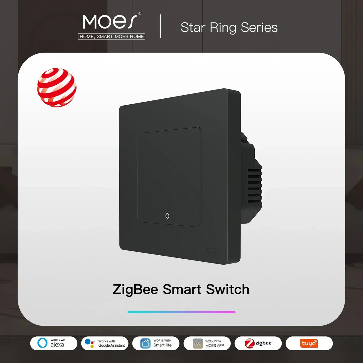 MOES Smart Light Switch Tuya ZigBee Star Ring Series No Neutral Wire No Capacitor Needed Smart Life Works with Alexa Google Home
