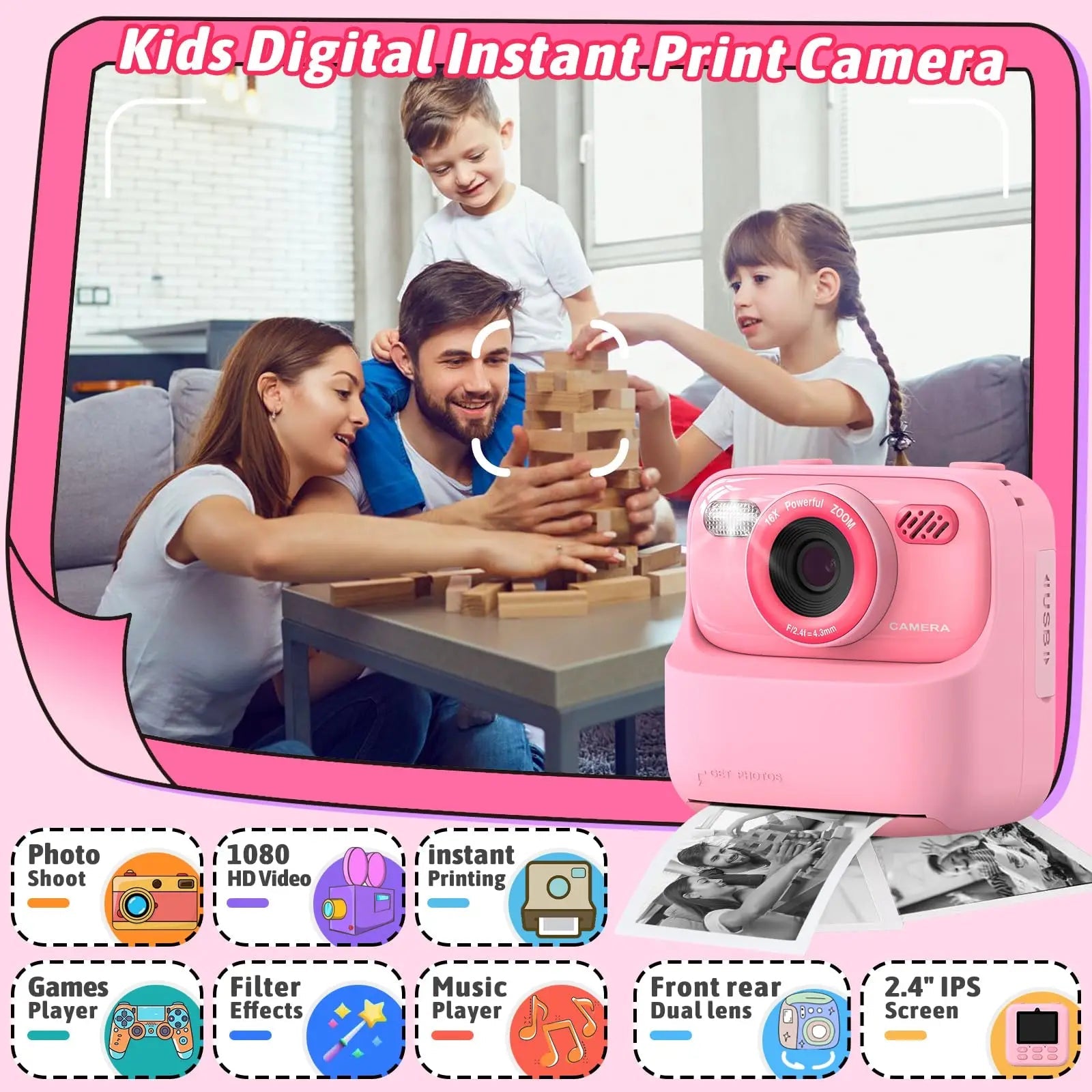 AMORUS Kids Camera Instant 1080P HD Dual Lens Selfie Digital Camera for Girls Boys Christmas Birthday Gifts Toys With 32G Print 