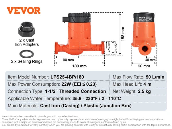 Hot Water Recirculating Pump 50/60/67 L/min 1-1/2" Threaded NPT
