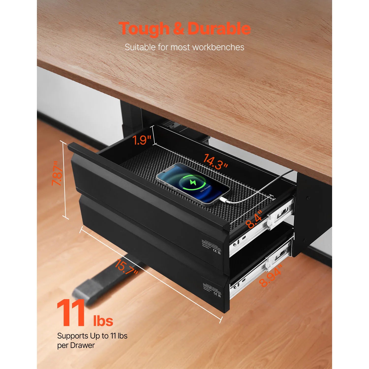 2-Tier Under Desk Drawer Organizer 16" Pull-Out Storage