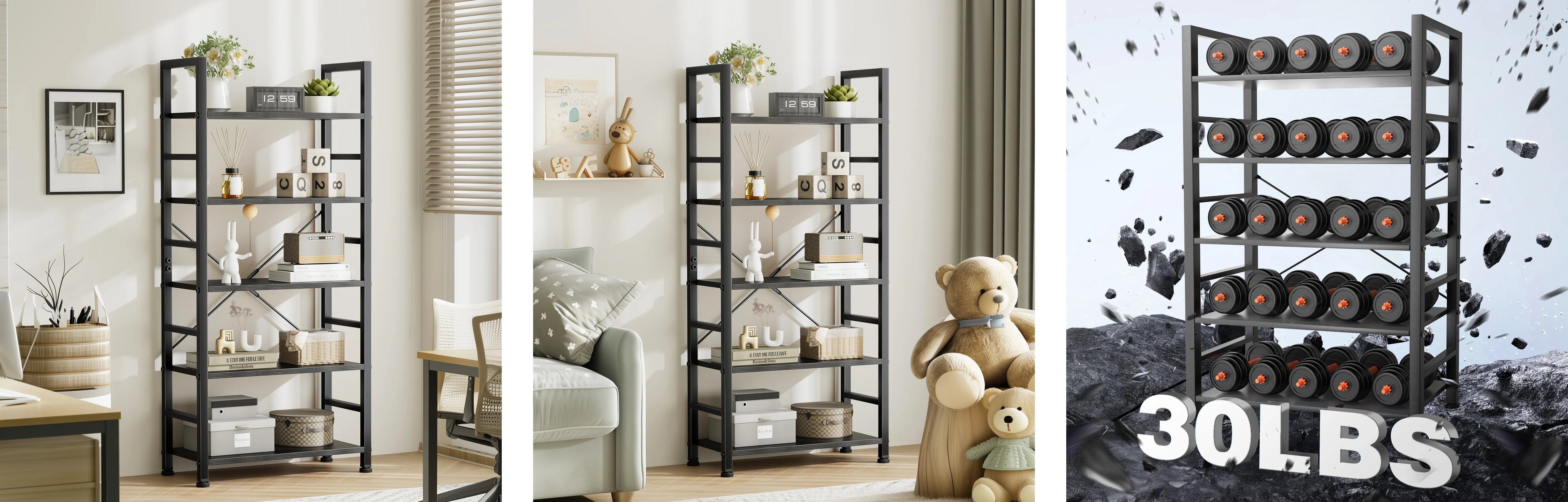 5 Tier Wooden Bookshelf with Metal Frame Tall Storage Display