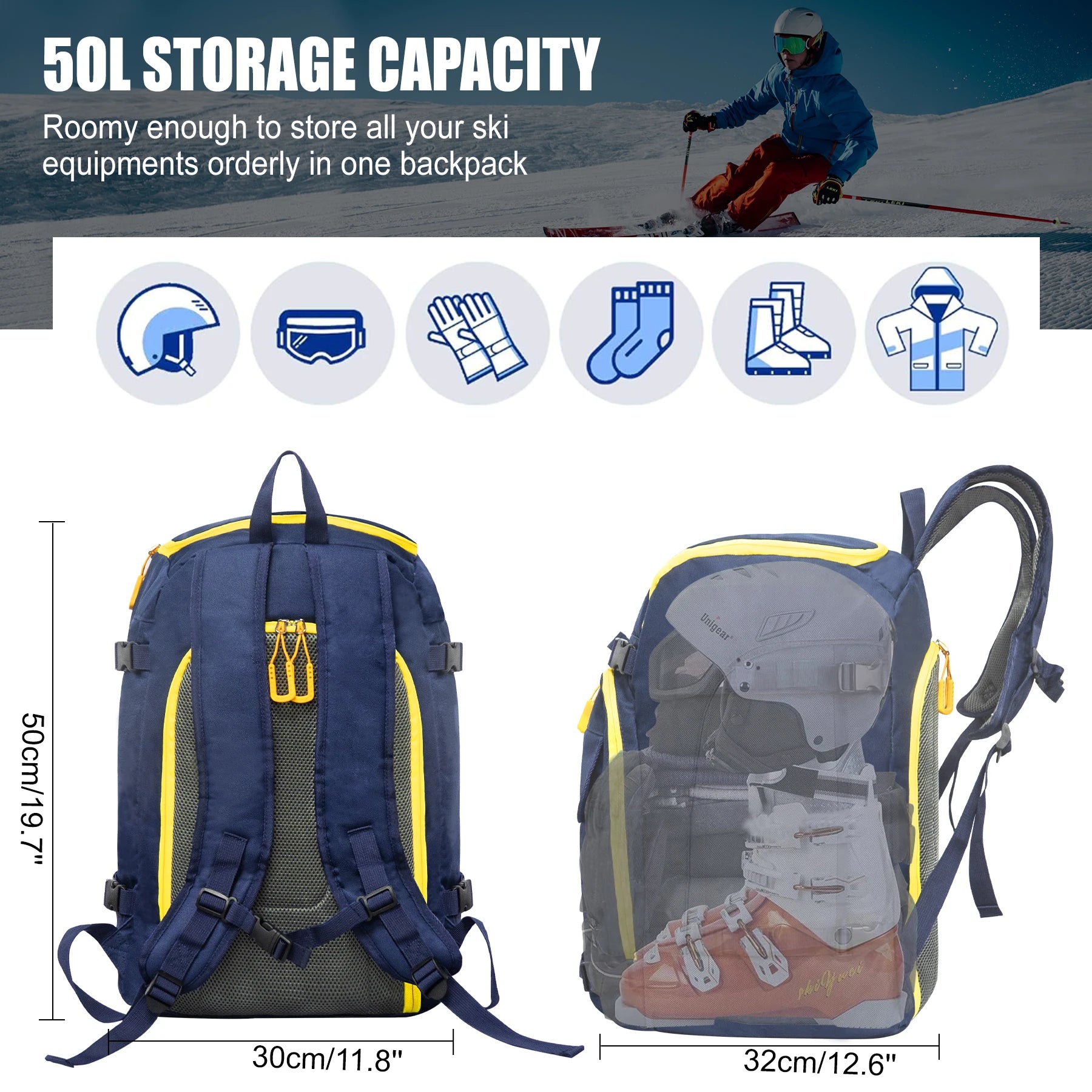 50L Ski Boot Bag Backpack for Ski Gear and Travel