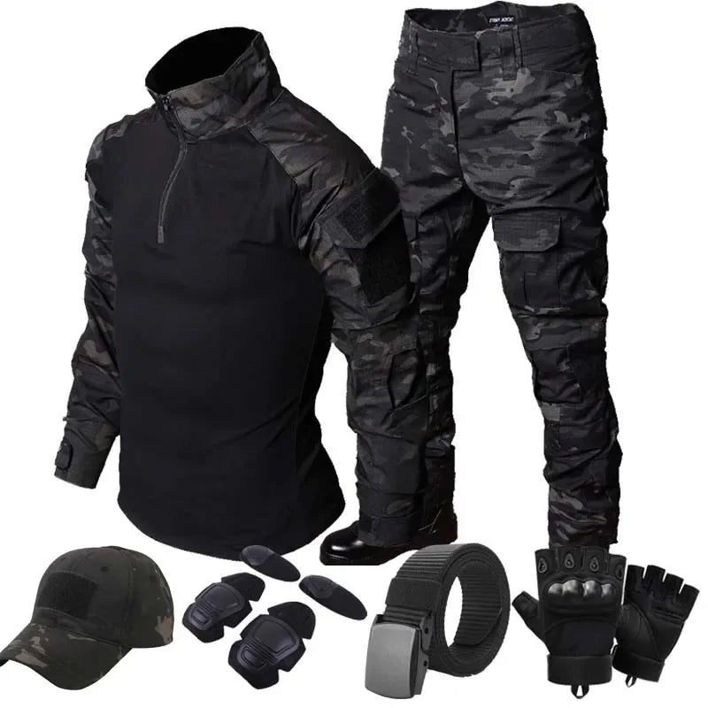 Black Camo Training Sets 1/4 Zipper Combat Tops Tactical Suits Hiking Pants Men Durable Shirts Multiple Pockets Wear-resisting