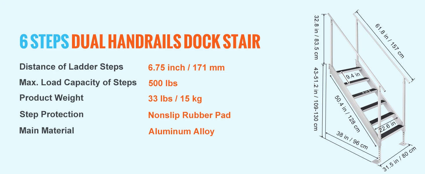 SucceBuy 4/6 Step Dual Handrails Dock Ladder Aluminum with Rubber Mat 30"-39" Adjustable Height for Lake Marine Boarding Pool
