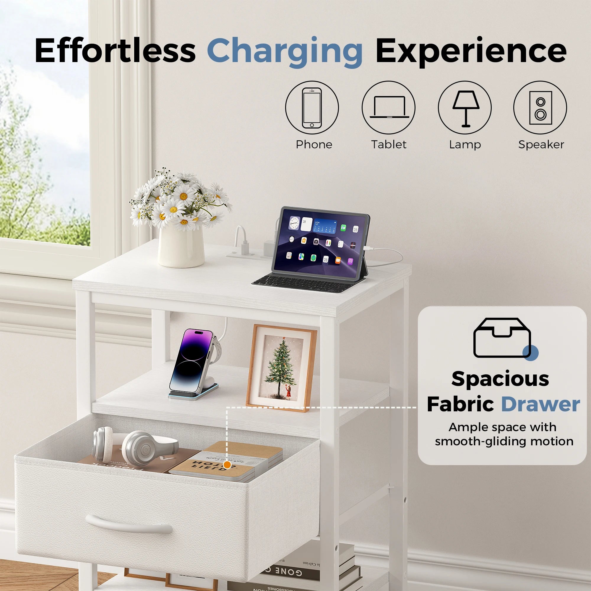 3-Tier Nightstand Set of 2 with Charging Station and Storage Drawers