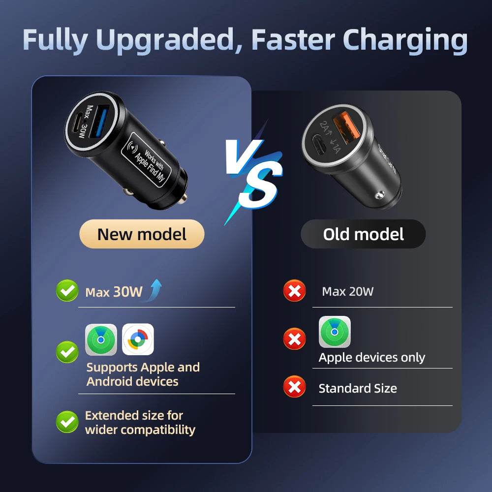 Încărcător auto 30W USB Type C cu locator GPS pentru Apple Find My App Android Find Hub APP Anti-loc Locator