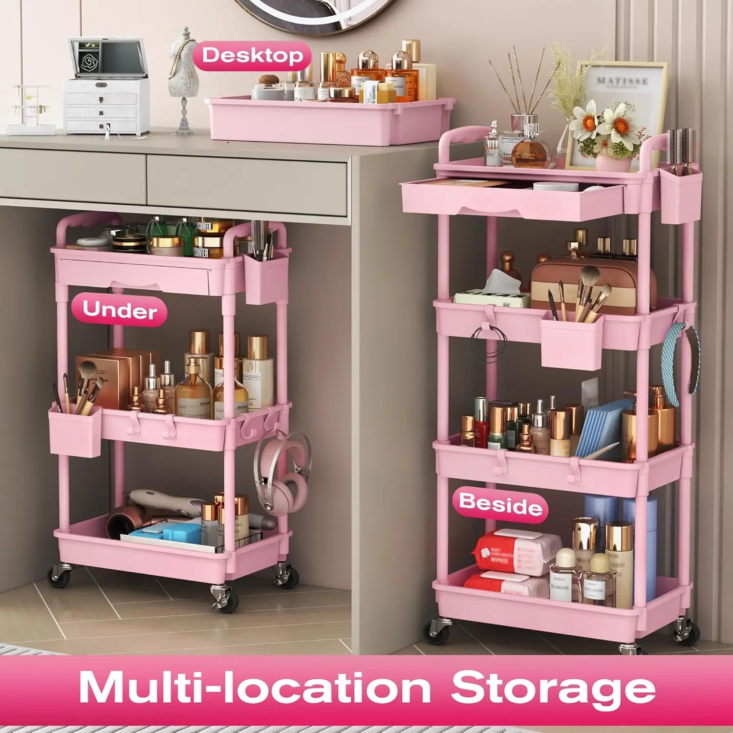 Carrito de maquillaje rodante de 3 niveles con cajón y ruedas con cerradura