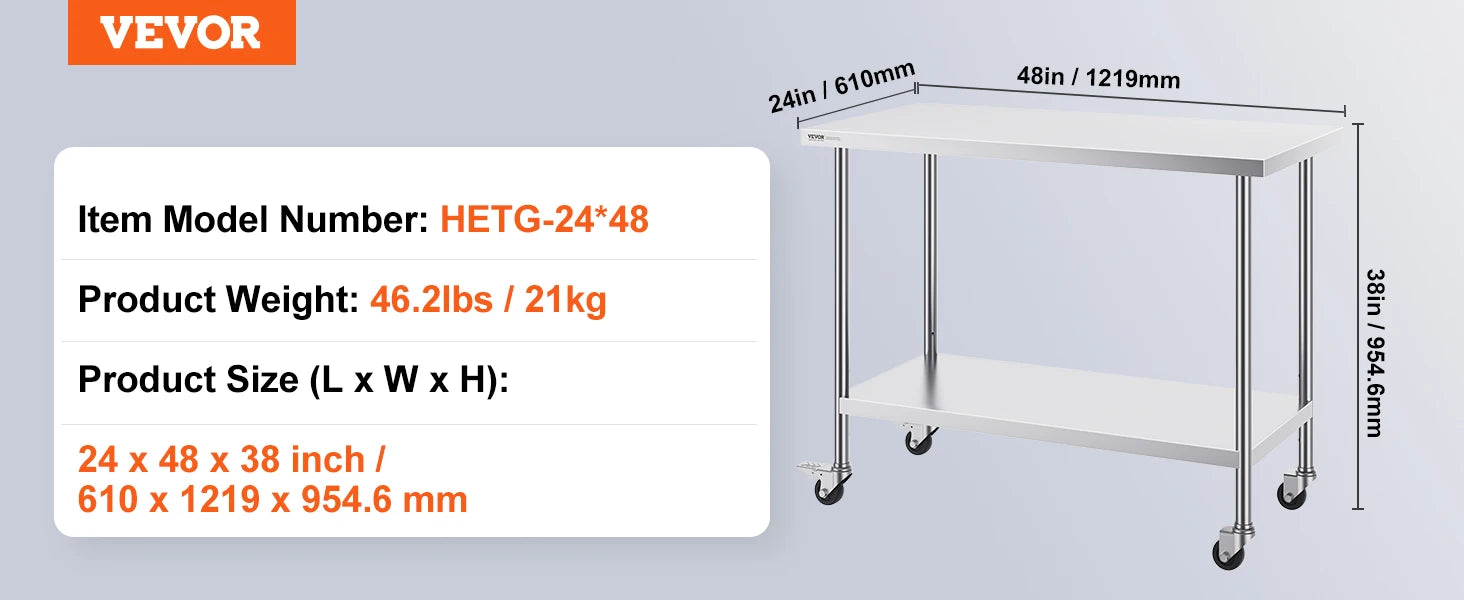 RVS Werktafel met Wielen, Verstelbare Plank, Draagvermogen 500 lb