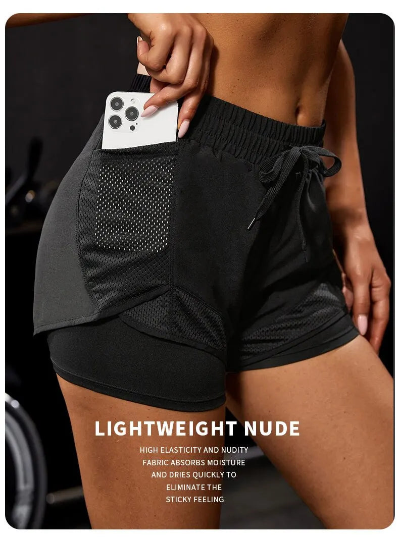 Women's Elastic Sports Shorts, Shorts With Pockets, Fake Two-Piece Yoga Leggings Running And Training 