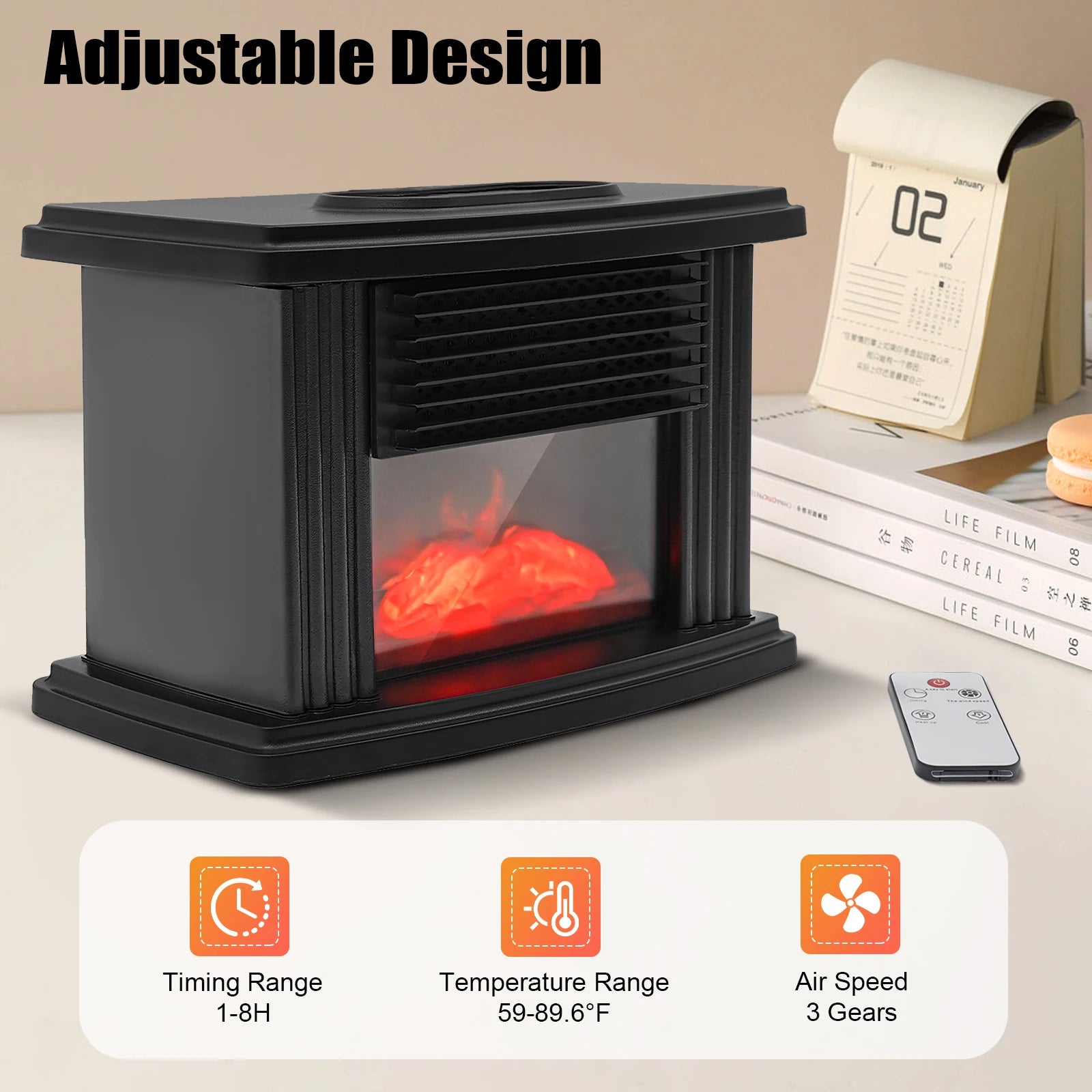 Portable Electric Fireplace Heater 1000W with 3 Speeds & Timer
