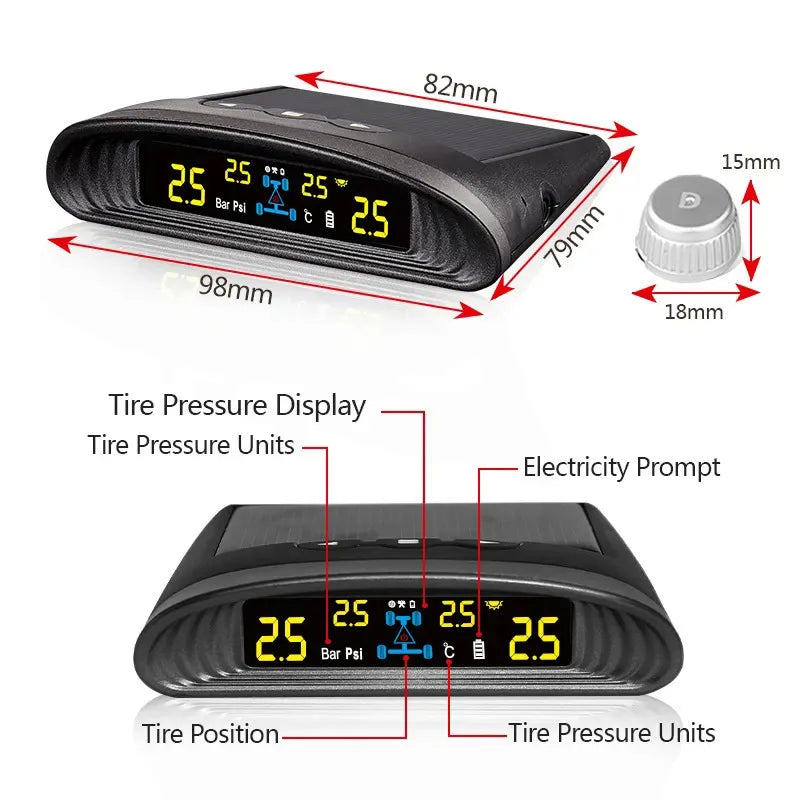 Solarny system monitorowania ciśnienia w oponach TPMS z wyświetlaczem LCD i alertami bezpieczeństwa