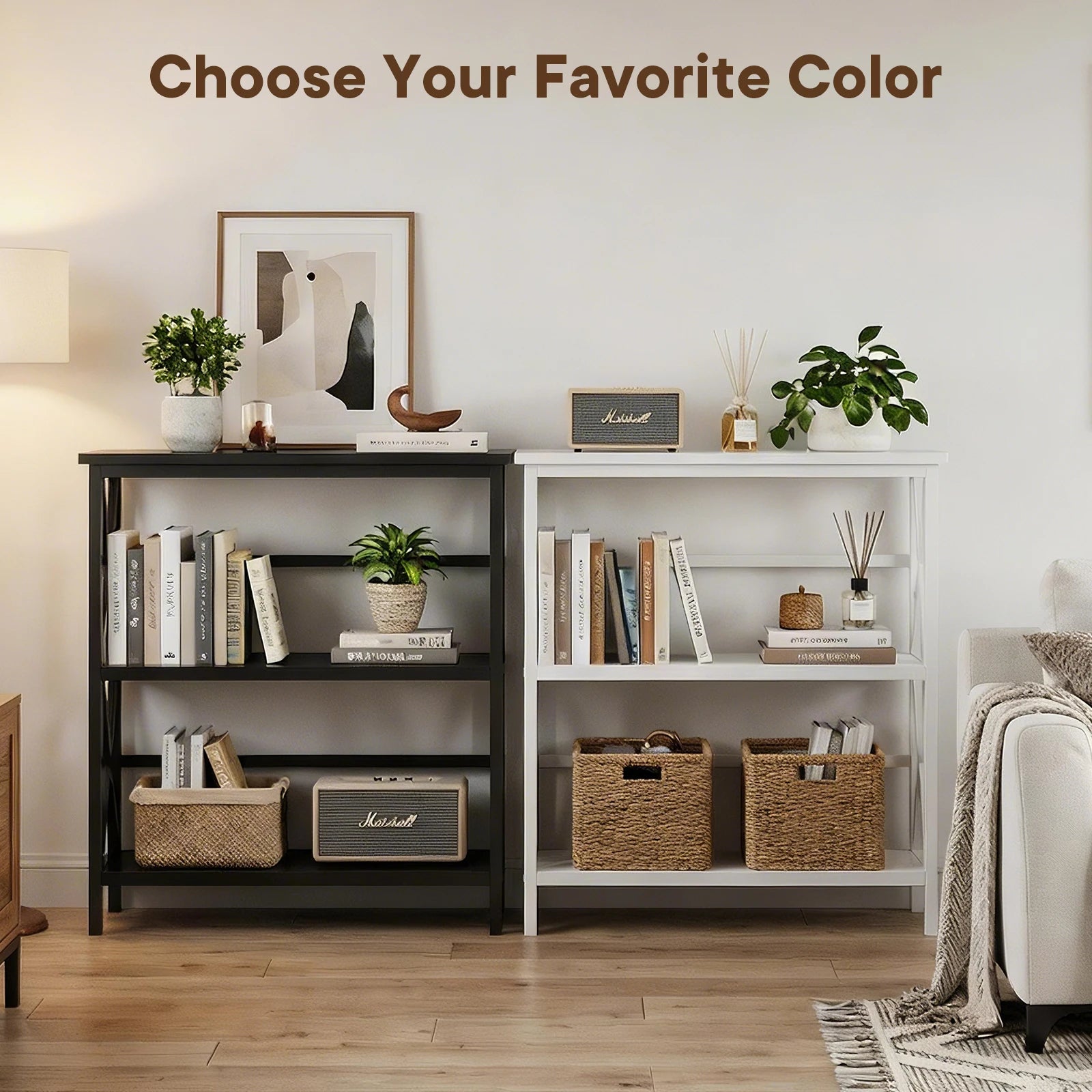 3 Tier Bookshelf Storage Rack with Heavy-Duty Shelves and X-Frame