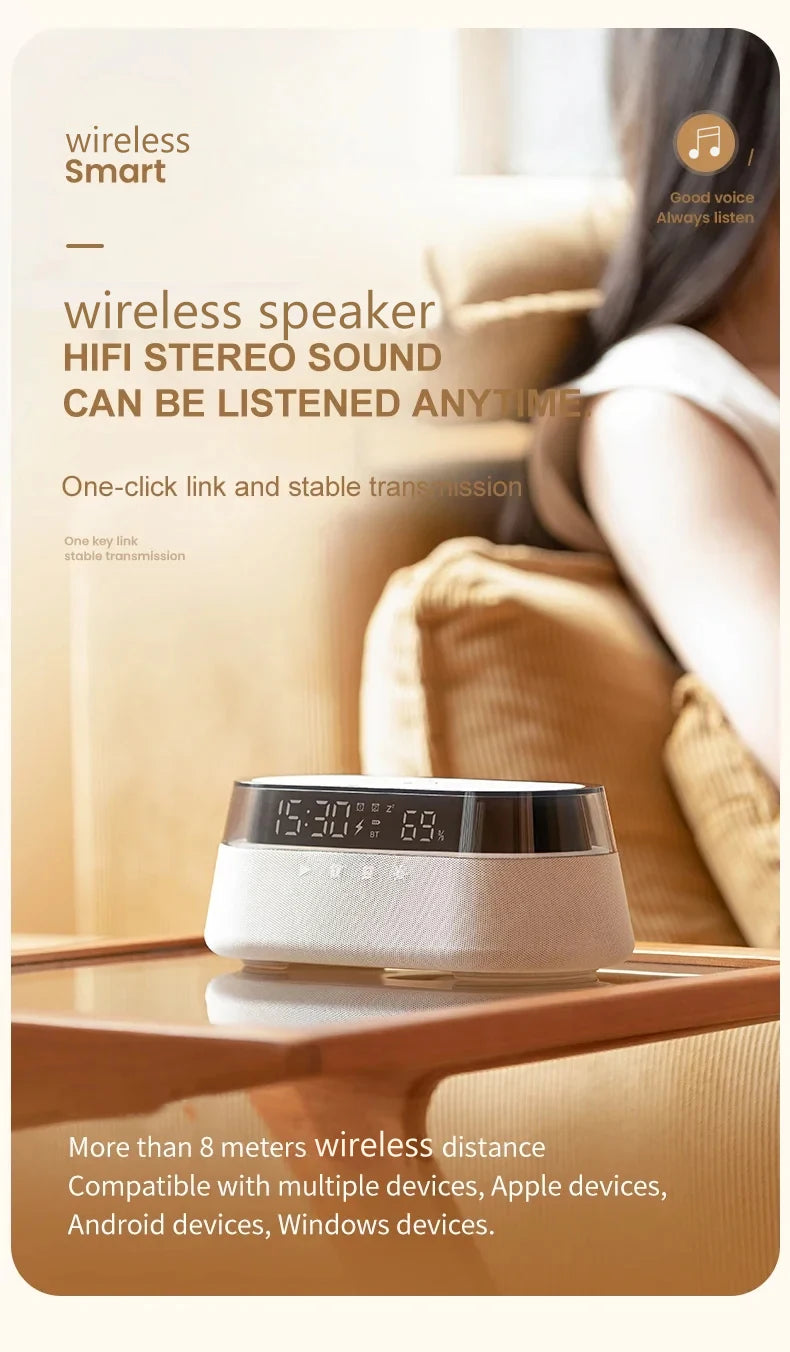 6-in-1 Smart Alarm Clock - 15W Wireless Charger, Bluetooth Speaker, FM Radio, Dual Alarm, USB Charger & RGB Night Light