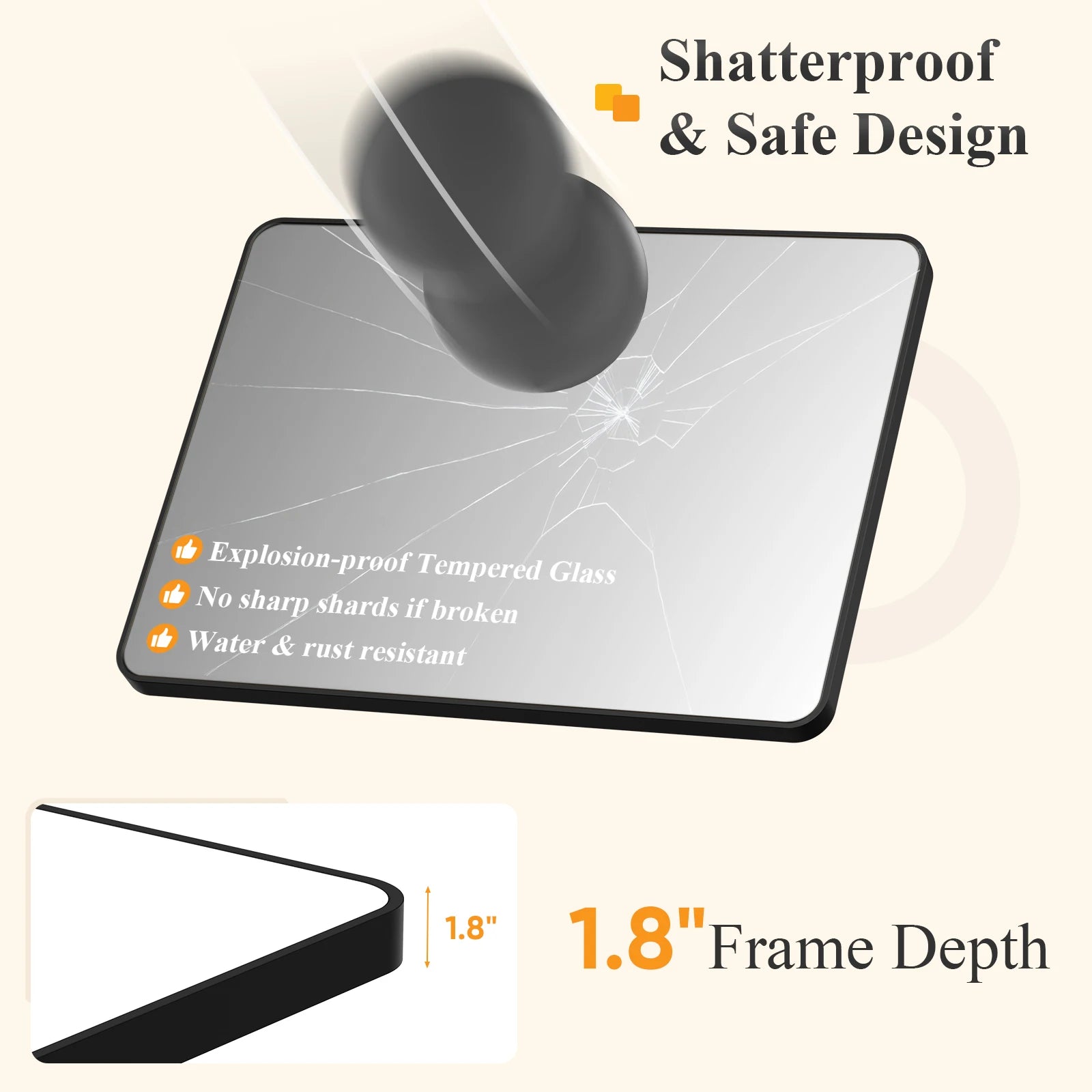 Rounded Rectangle Wall Mirror with Metal Frame, Tempered Glass