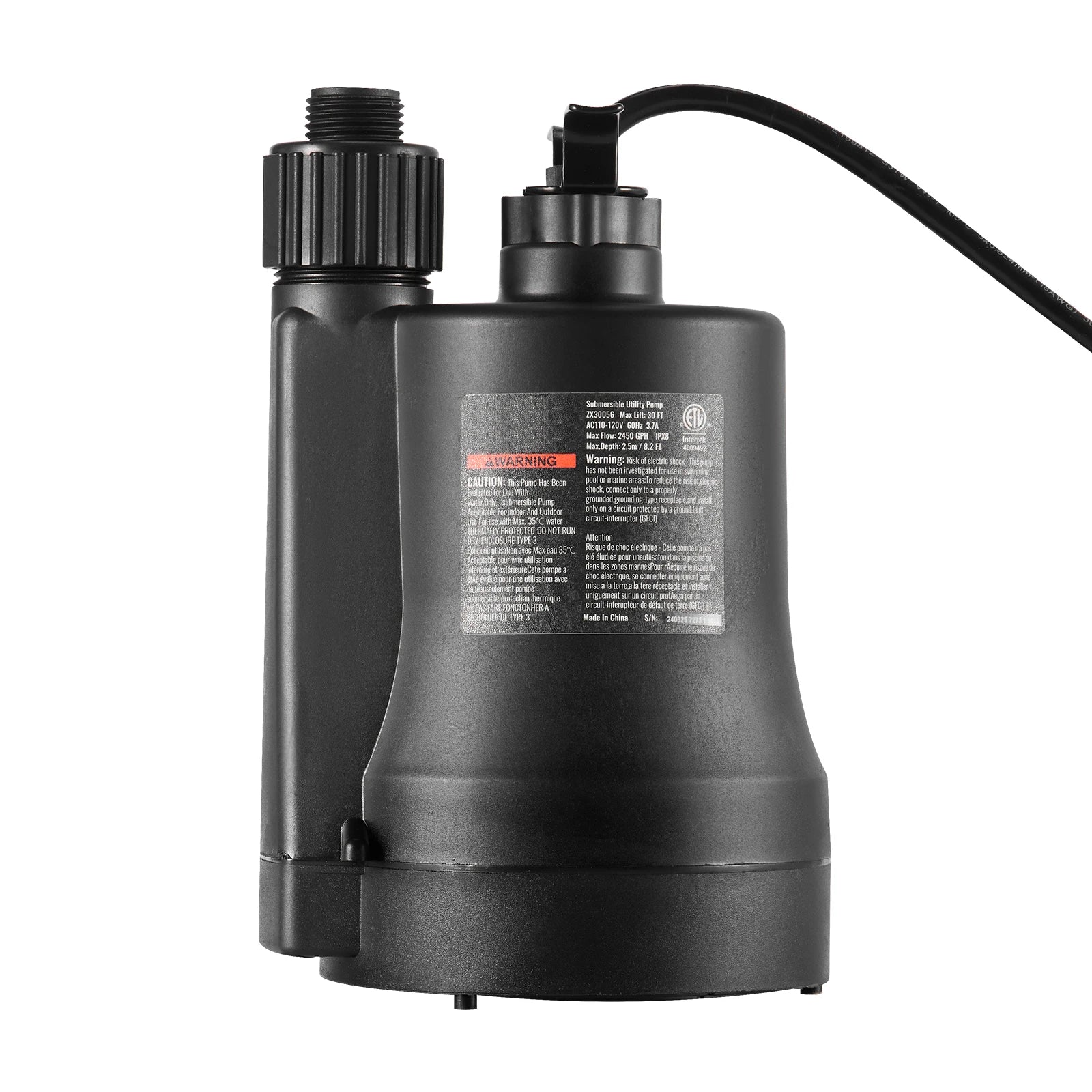 Pompe utilitaire Succ eBuy 1/3 HP 2450 GPH Débit élevé Tête de 30 pieds Pompe de puisard submersible Pompe à eau Câble d’alimentation de 10 pieds pour l’évacuation d’eau