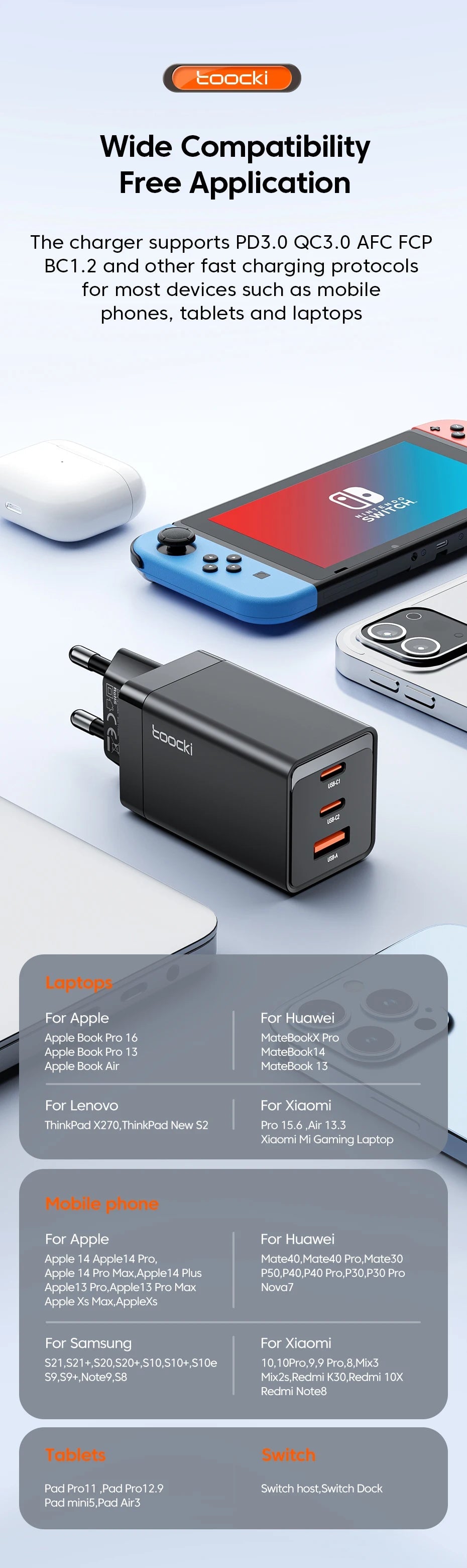 Toocki 67W GaN USB C Charger Fast Charging Multi-Color Type C Charger for Macook iPhone 15 14 13 12 Pro Max Samsung Xiaomi POCO 