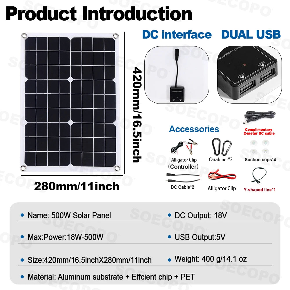 (U.S Stock ) SOECOPO 1000W Portable Solar Panel Kit 2*500W Photovoltaic Panels for Camping Free 100A Controller USB Home Balcony