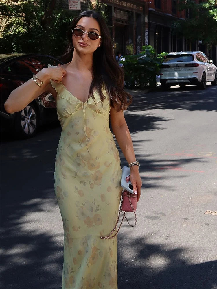 Cryptographic Summer Floral Print Plunge Maxi Dress Outfits Sexy Backless Fairy Sun Dresses Vacation Beachwear Vestido Coquette 