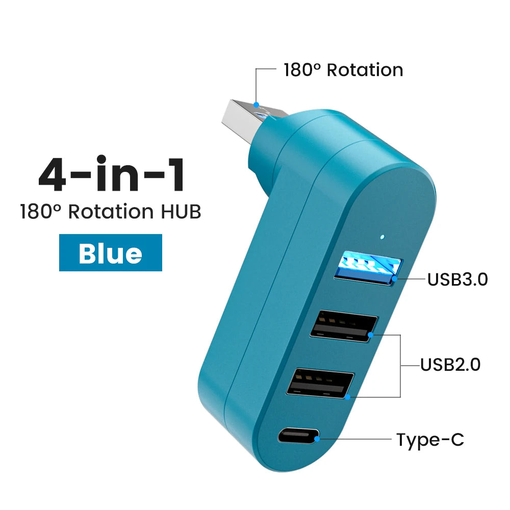 Hub USB rotativo com três portas USB-A e uma porta USB-C