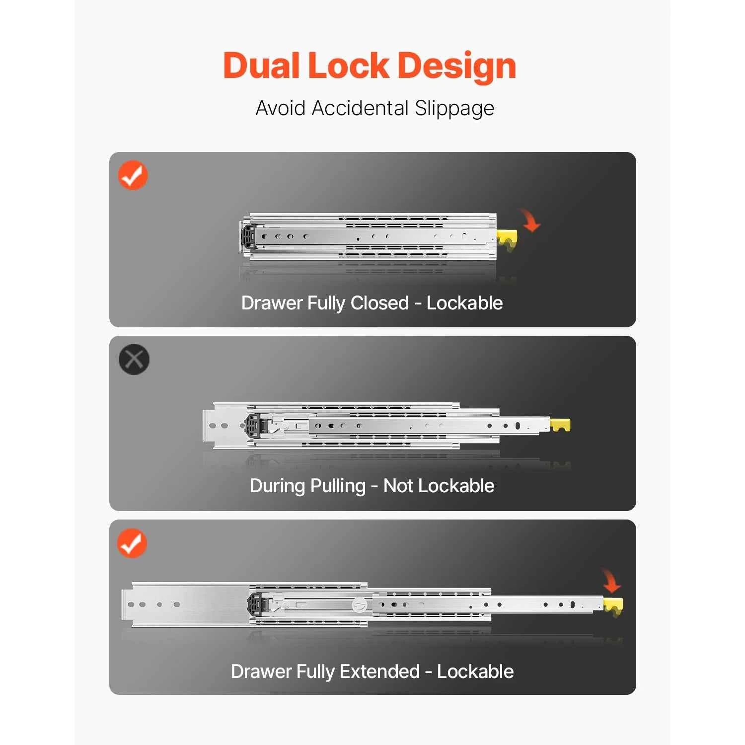 VEVOR 1 Pair Full Extension Drawer Slides 500 lbs Load Capacity Locking Drawer Slides Ball Bearing with Lock Side Mount Rail