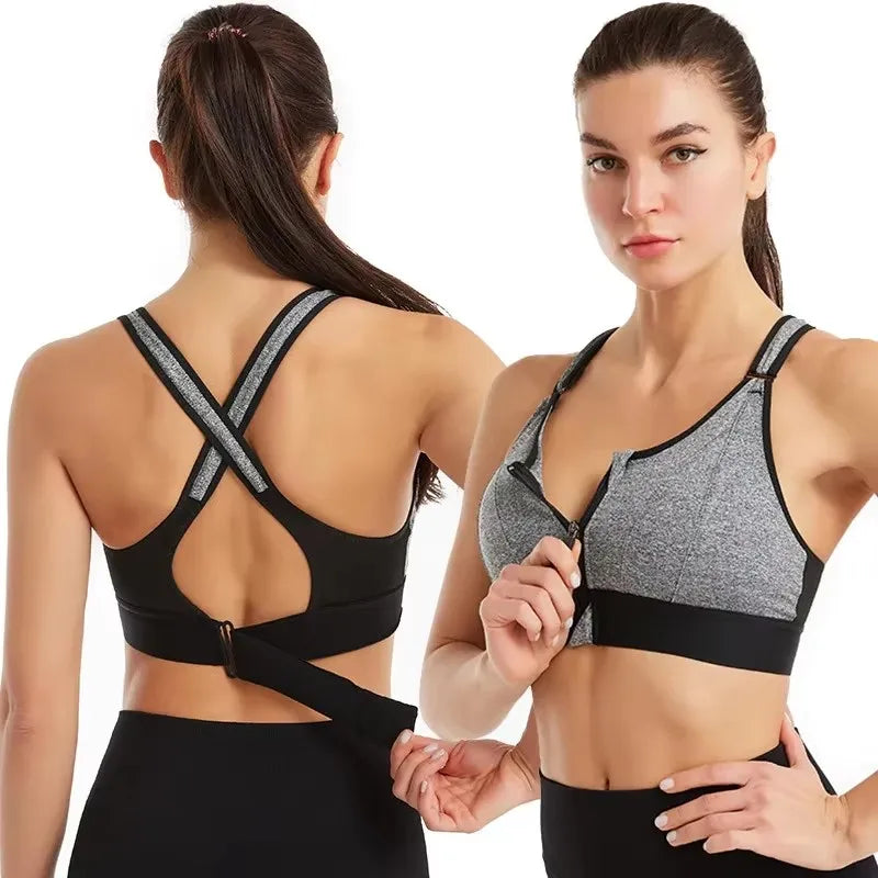 Sports Bras For Women Front Zipper Adjustable Strap Shockproof Elastic Fitness Athletic Brassiere Slim Yoga Crop Top 