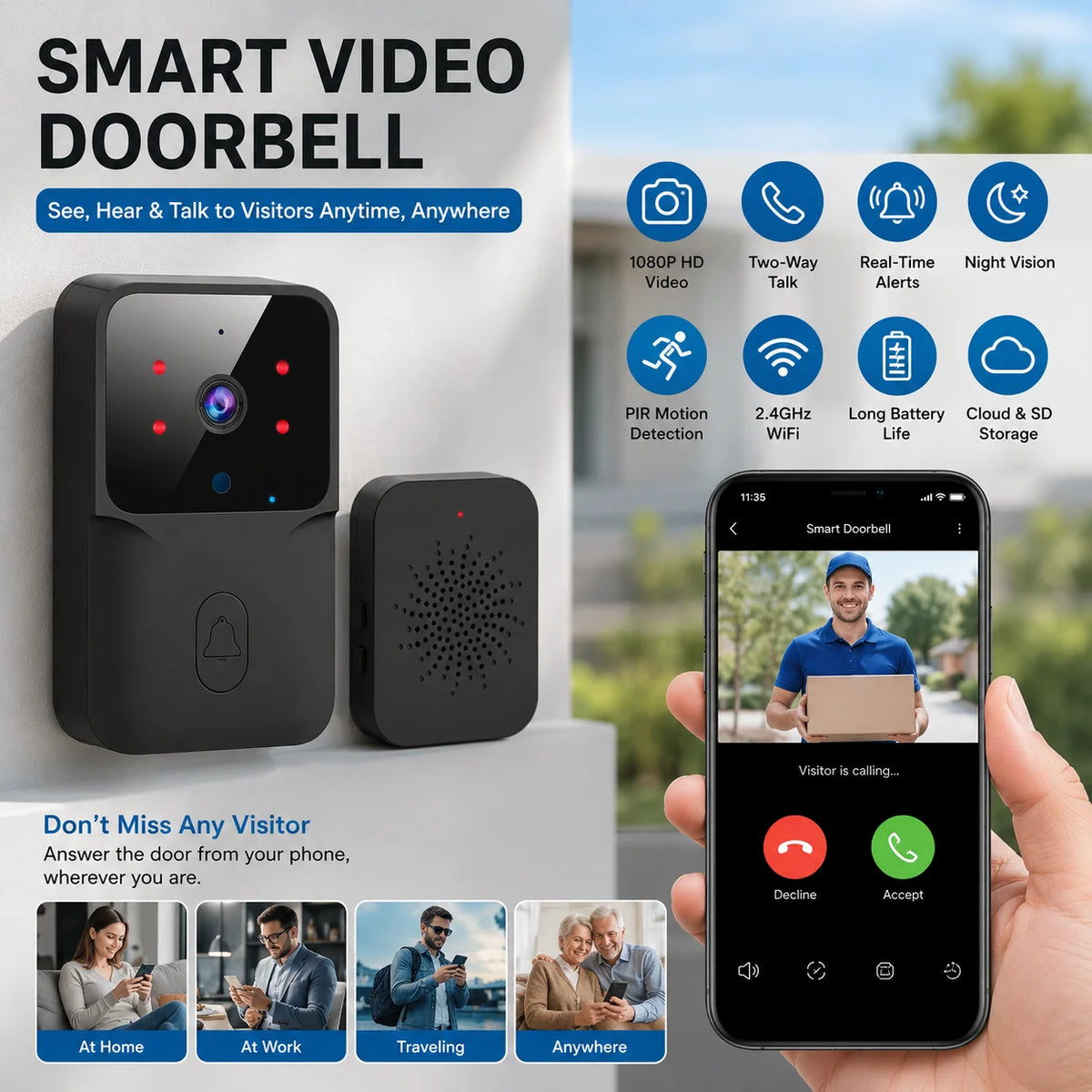 Sonnette vidéo WiFi M6 avec communication bidirectionnelle