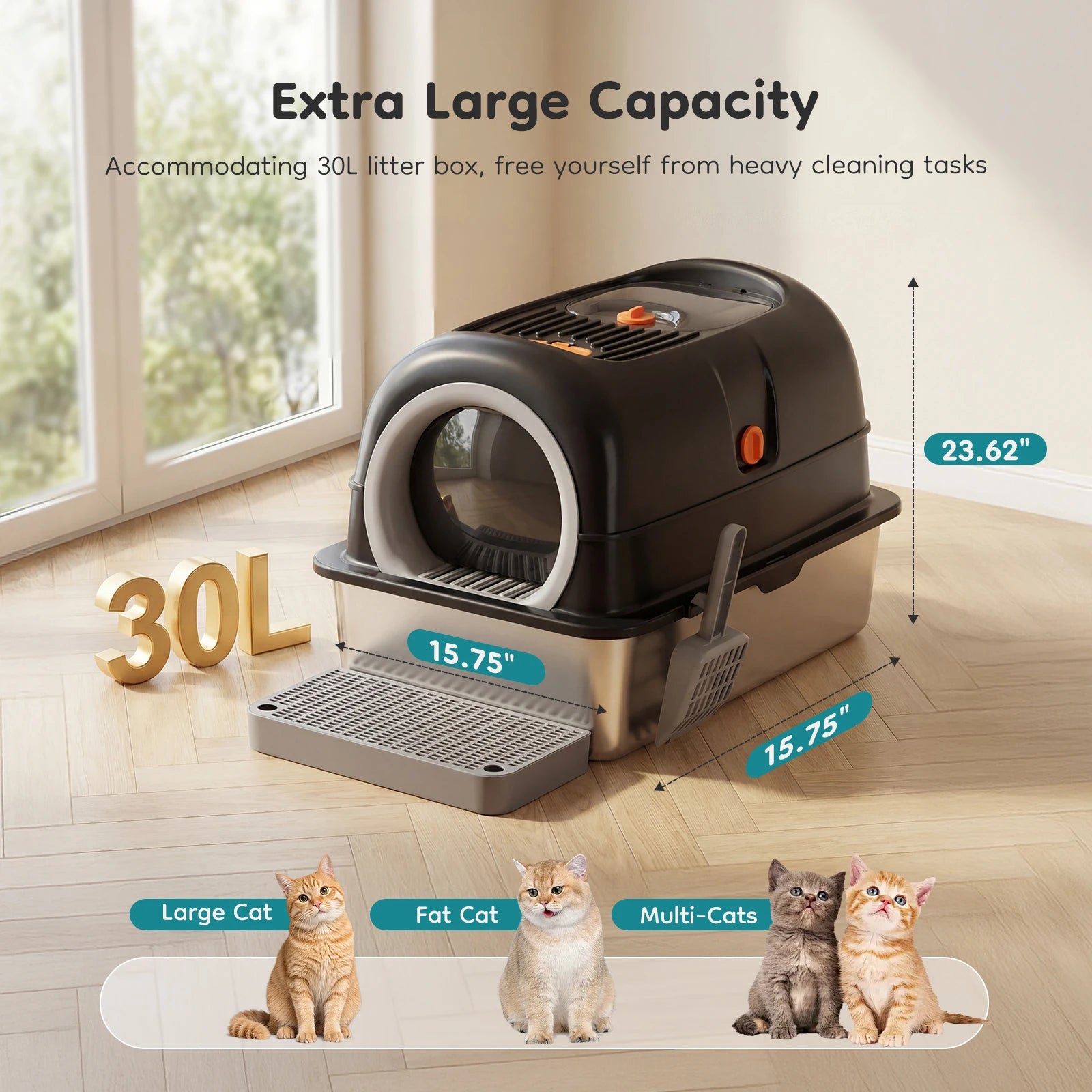 24" Stainless Steel Enclosed Cat Litter Box XL 30L with Scoop
