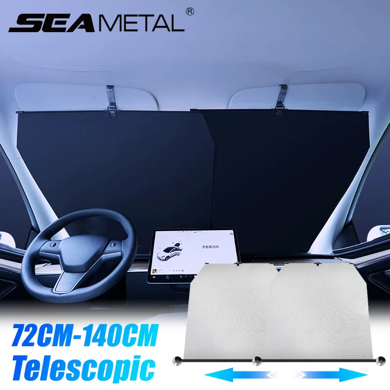 SEAMETAL Telescopic Car Sun Shade Hidden Windshield Sun Protection Cover UV-Blocking Privacy Curtains 72-140cm Adjustable Width