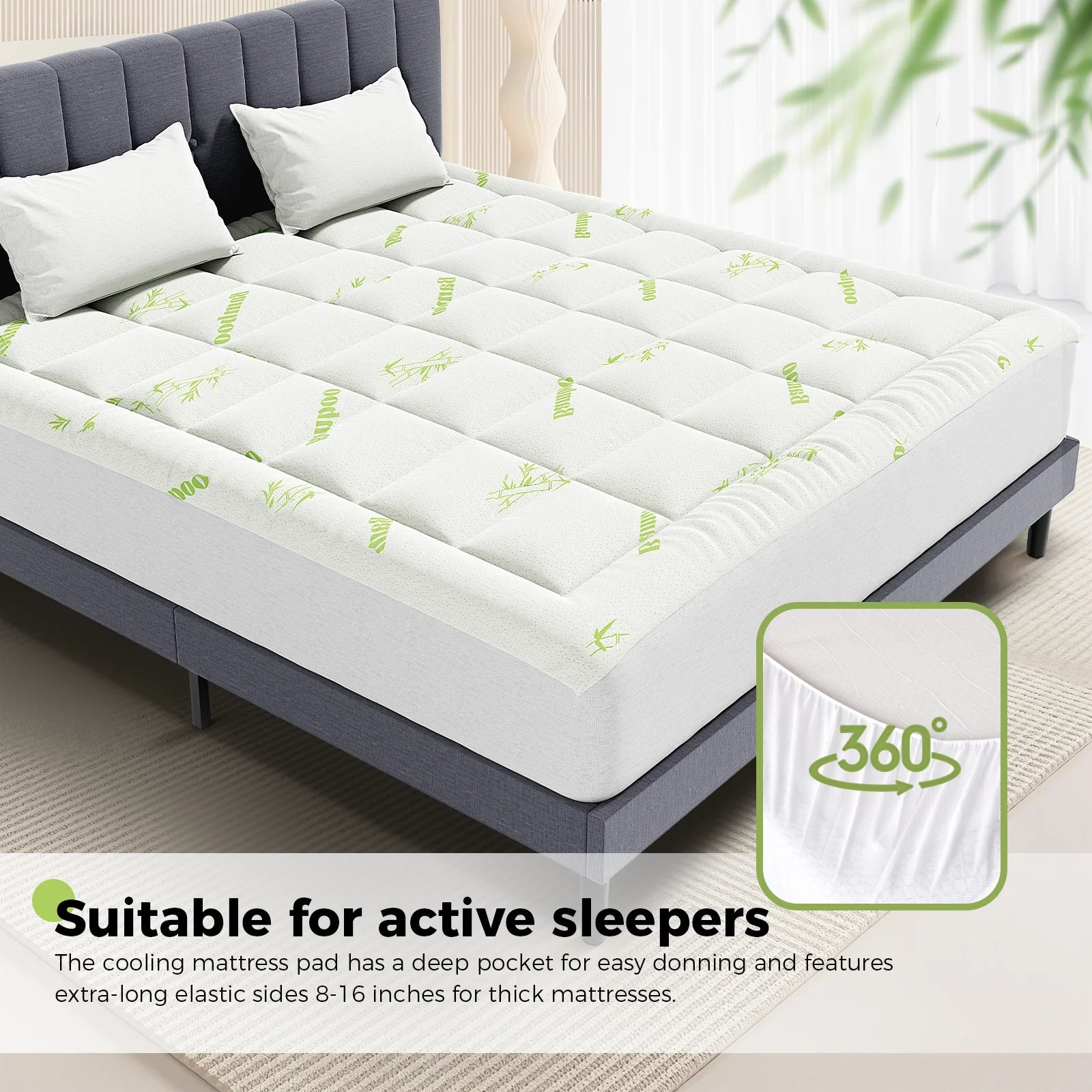 Bamboo Fiber Cooling Mattress Topper with Deep Pockets 400g