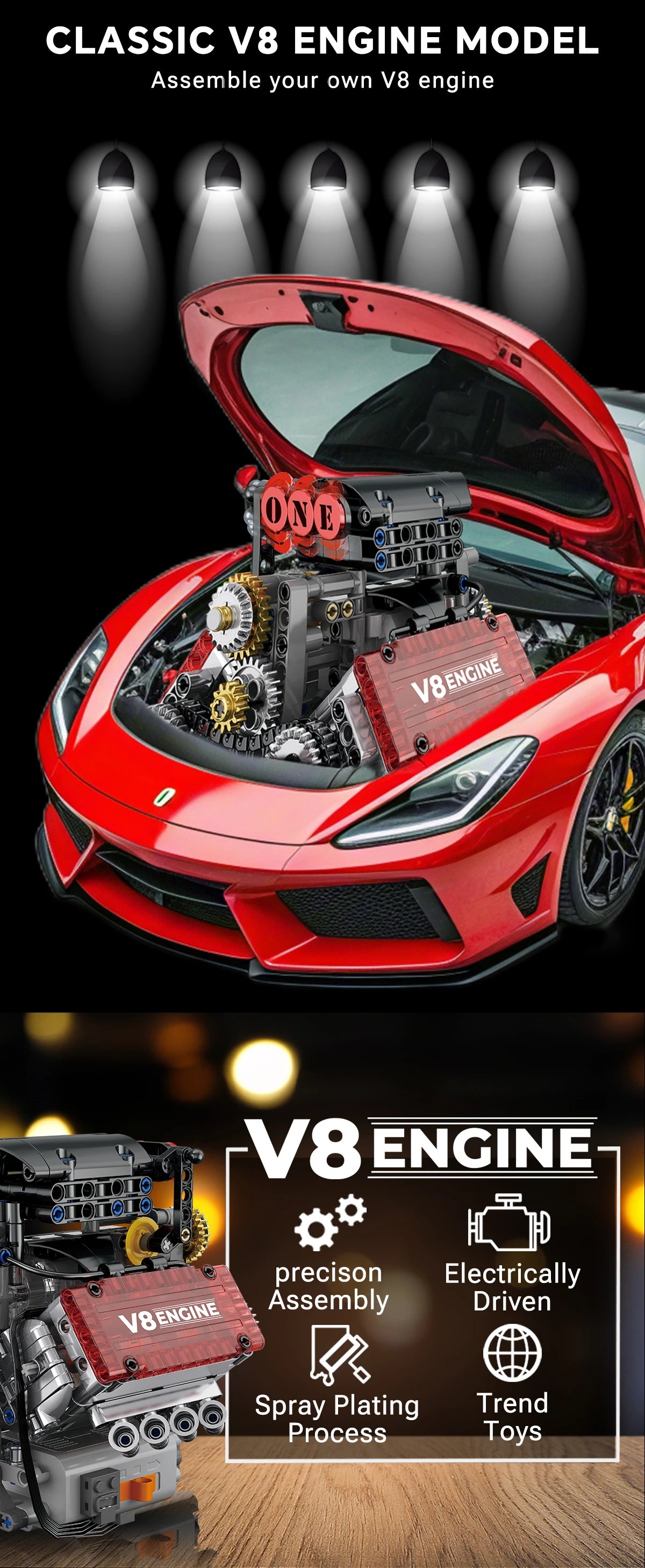 Motorised V8 Engine Brick Model - 478 Pieces