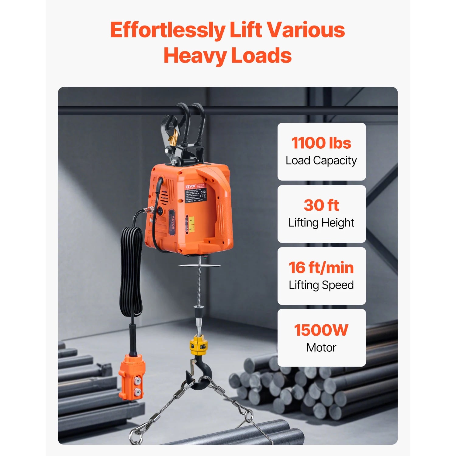 1500W Elektrisk vinsch med lyftkapacitet 1100 lbs, 30 ft lyfthöjd, fjärrkontroll