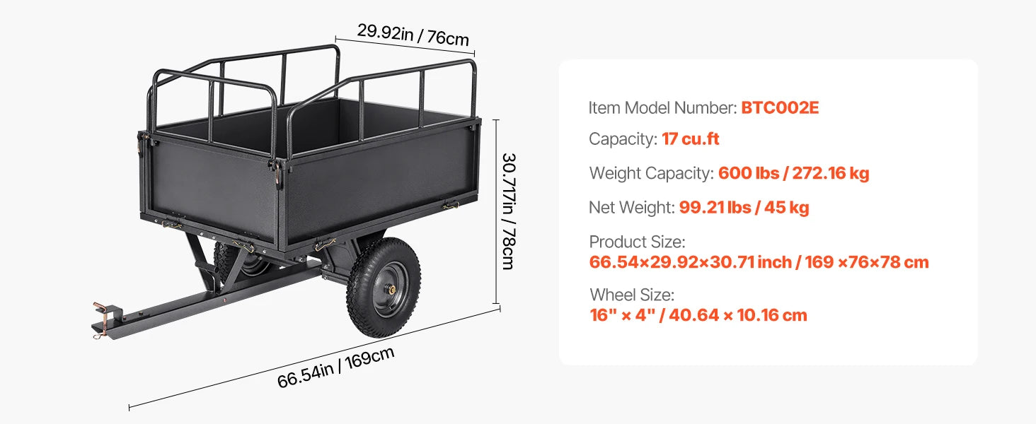 SucceBuy Garden Utility Trailer 17Cu.Ft&600lbs Capacity ATV UTV Trailer Tow Behind Steel Dump Cart with 16" Tires for Lawn Mower