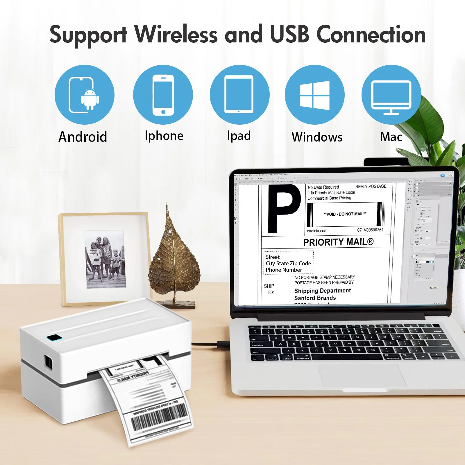 4x6 Thermal Label Printer No Ink Bluetooth USB 203 DPI Fast Print