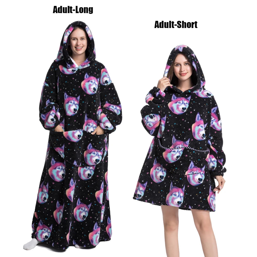 Women Plush Fleece Blanket Men Warm Thick Hoodies Adult Giant TV Blanlets with Sleeves Super Long Cold-proof Homewear Pajamas 