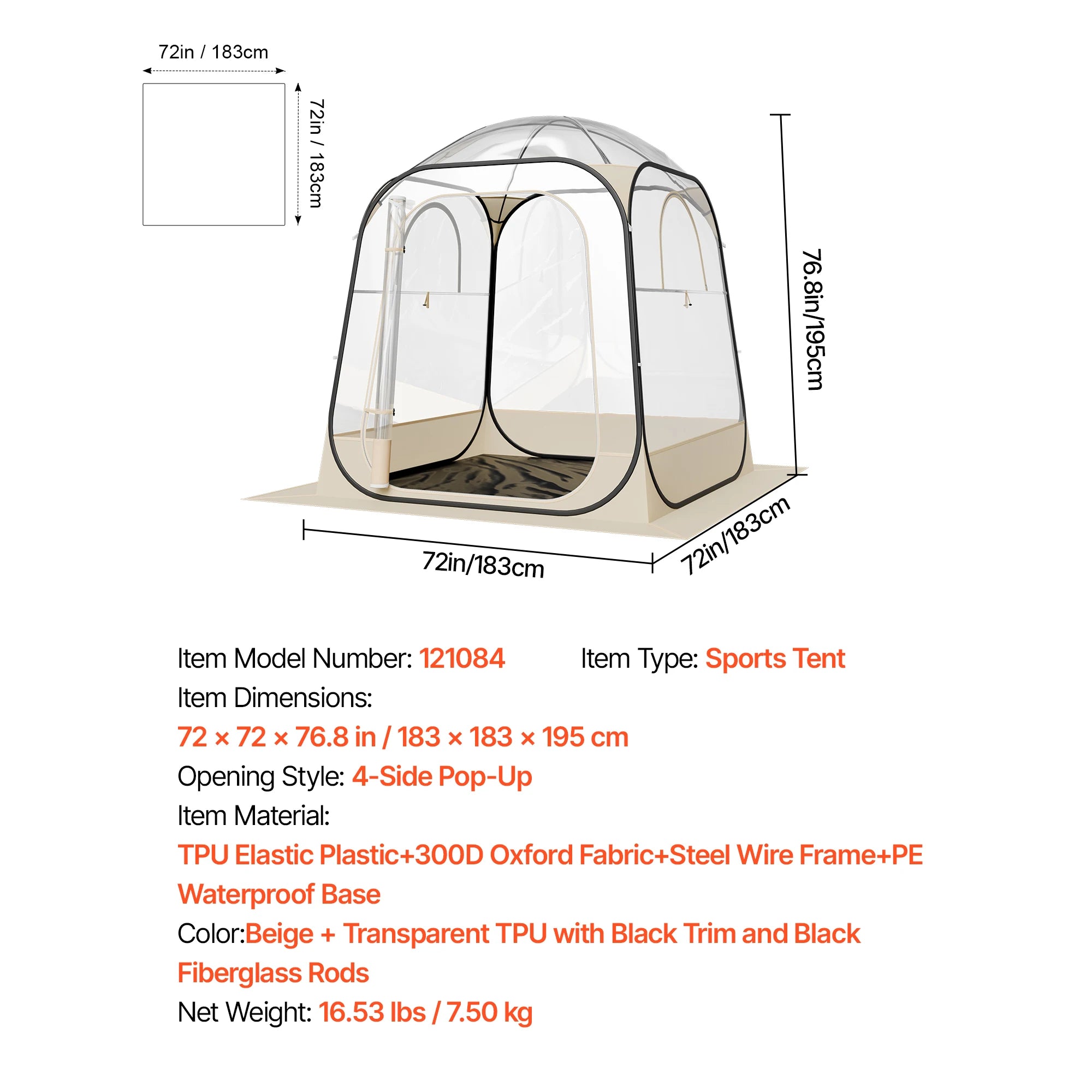 Tente de sport transparente pop-up étanche avec sol et couverture