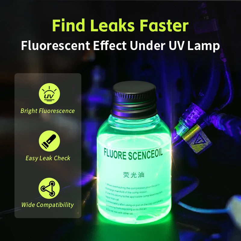 Bilens luftkondition fluorescerande oljedoft UV-ljus läckage detektor spårare för R134a, R1234yf，R404a, R22, R32, R410a köldmedier