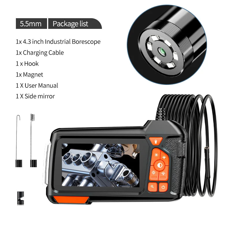 4.3" LCD Endoscope Camera with Light HD 1080P 5.5mm IP67 Waterproof Borescope Camera with 6 Adjustable LED Lights for Sewer Car 