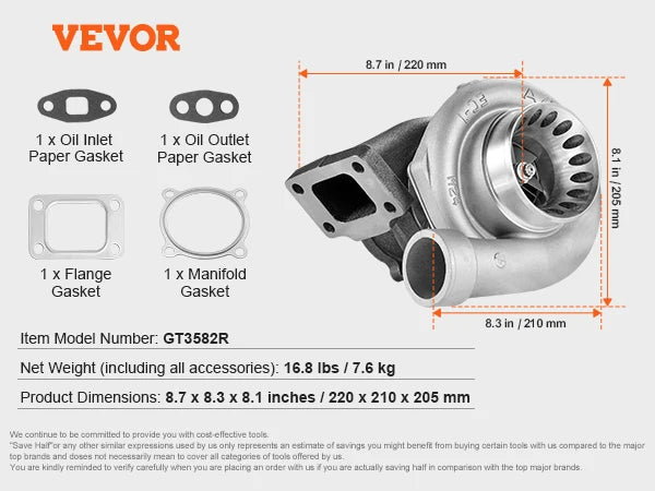 Turbolader-Kit für 2,5–6,0L Motoren mit Dichtungen & Legierungs-Laufrad