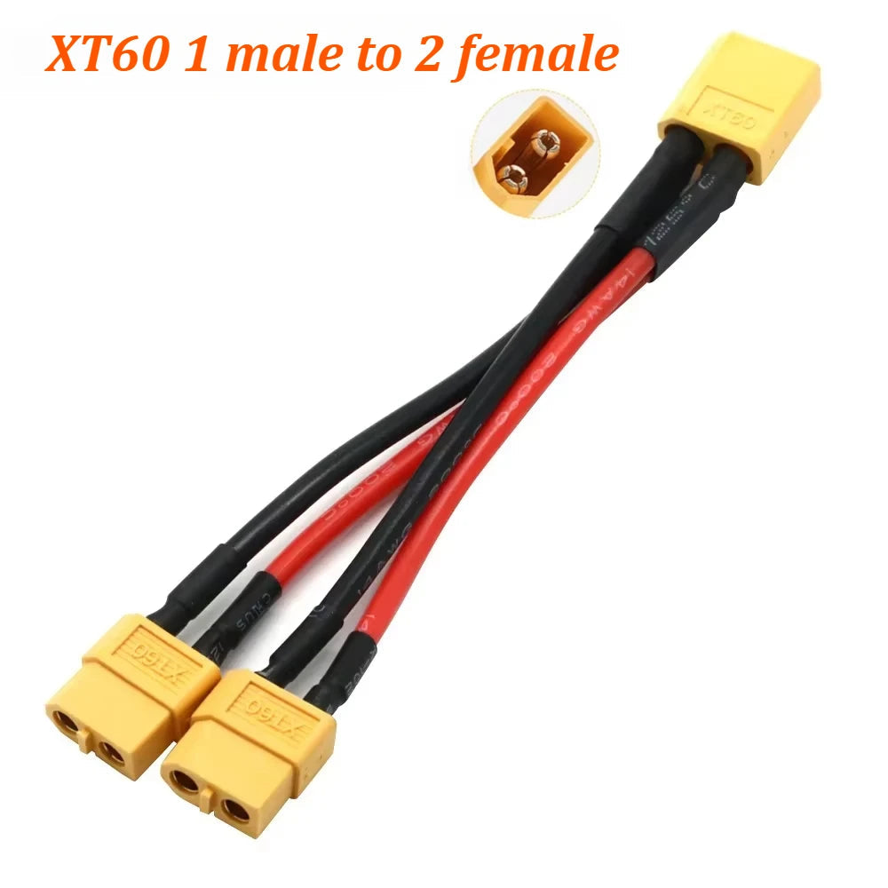 XT60 Parallel Battery Connector 3-Way 14AWG Silicone Wire Male/Female Dual Extension Y Splitter 100mm for Battery Charger Motor 
