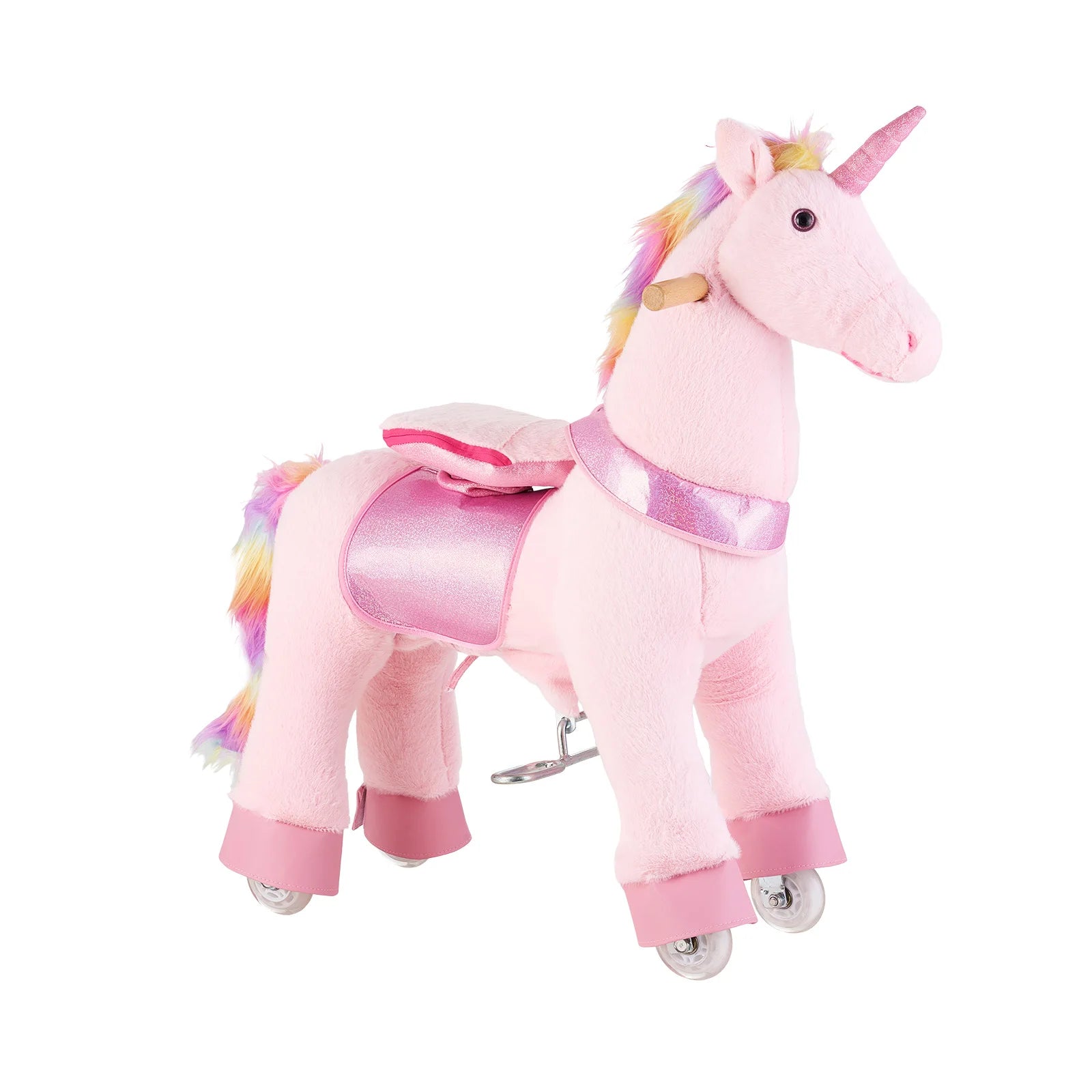 SucceBuy 110/176 lbs Kids Ride On Horse Riding Pink Unicorn Toys Smooth Wheels with Anti-Roll Stop Ring & Handles for Children