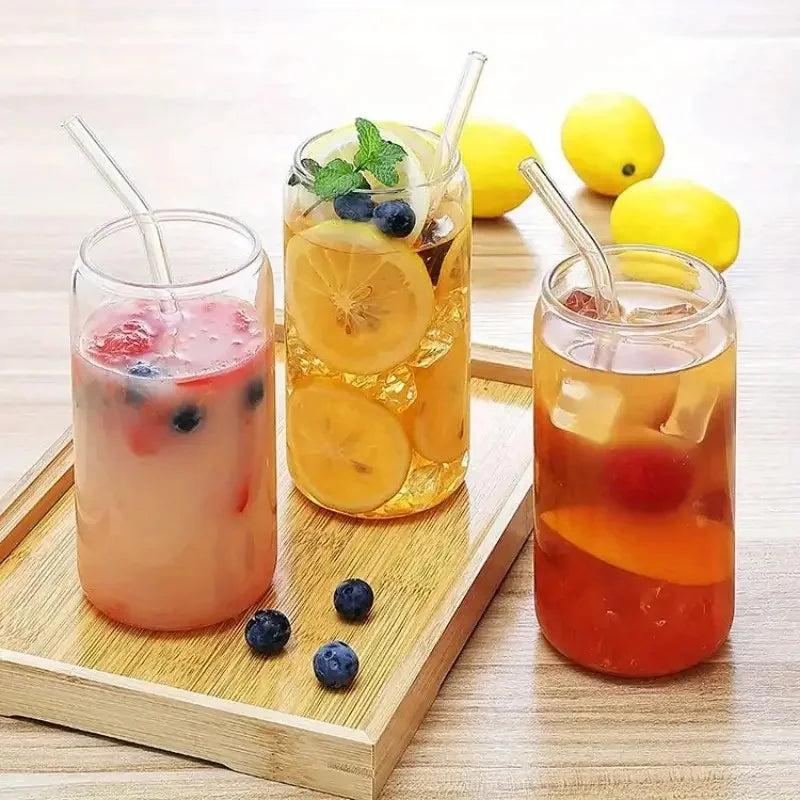 6-pack 550 ml glas med bambulock och glas-sugrör