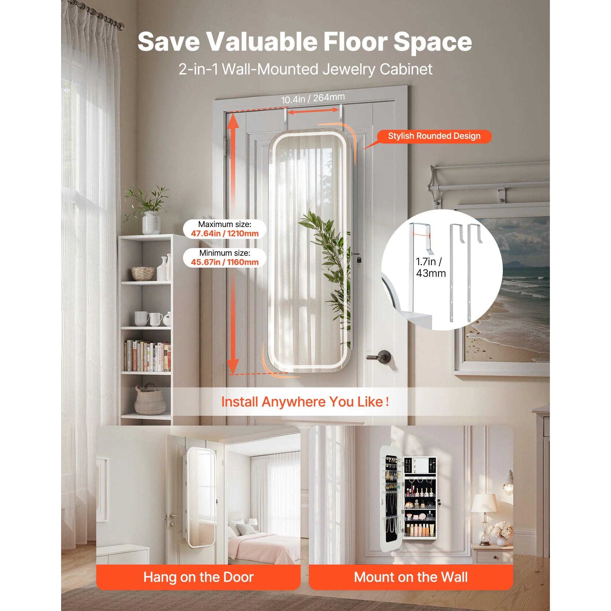 Full-Length Mirror Jewelry Cabinet with Lock & Hidden Storage