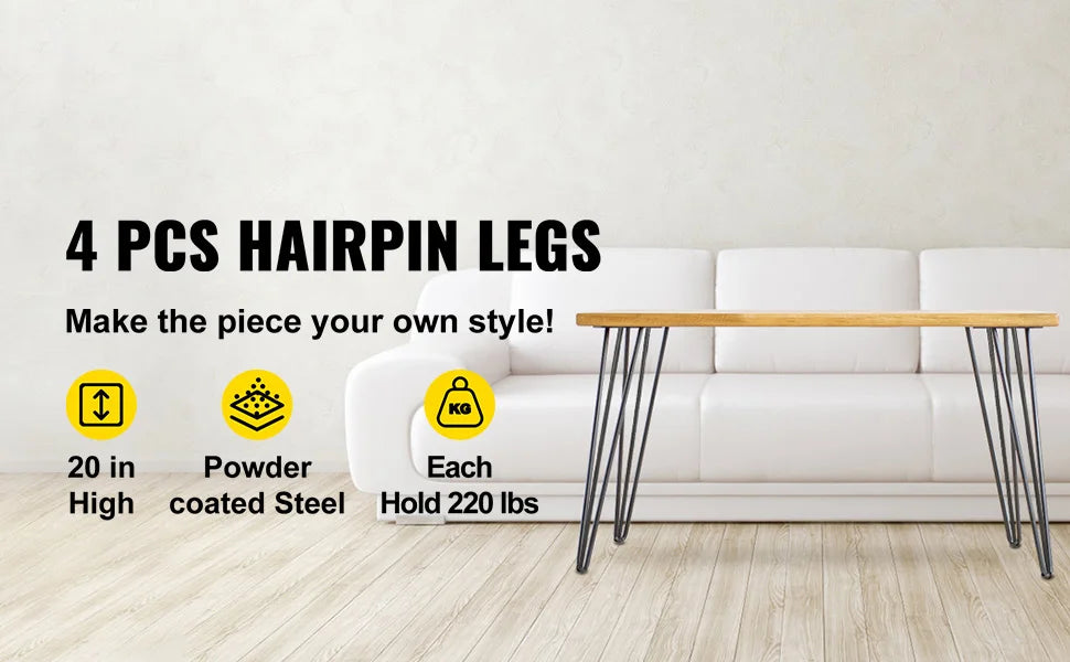 4-Piece Metal Hairpin Table Legs 16-40 Inch 3-Rod Furniture Legs