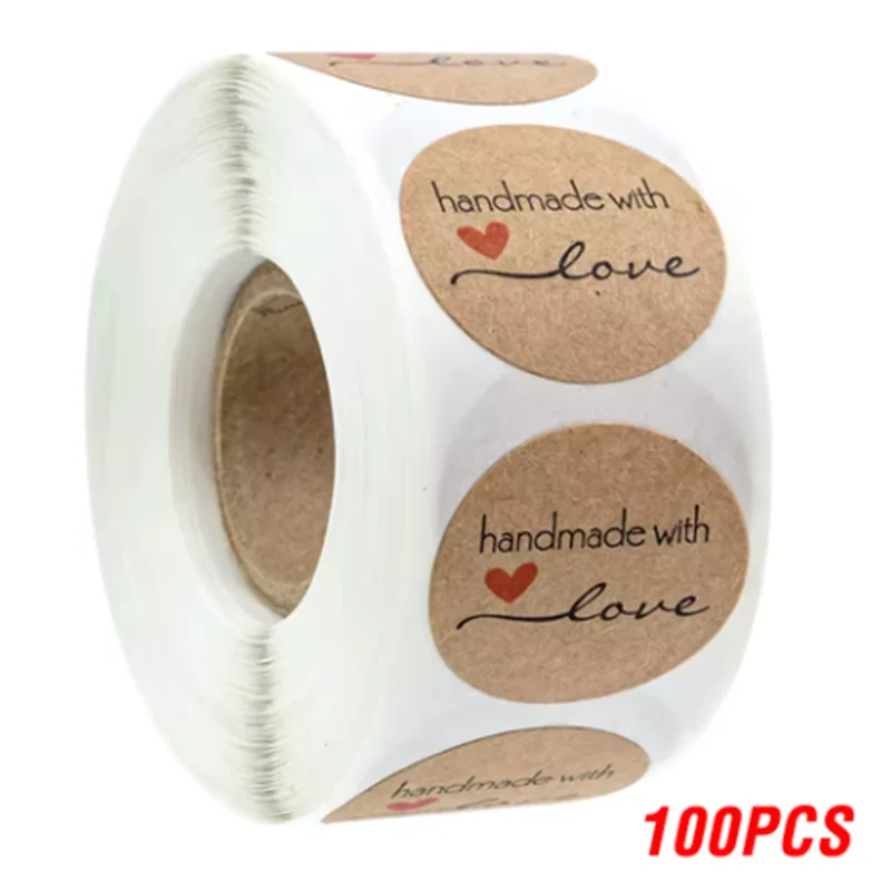500pcs Handmade with Love Stickers Vintage Kraft Paper Stickers Stationery Label Baking Kraft Paper Stickers Scrapbook Gift
