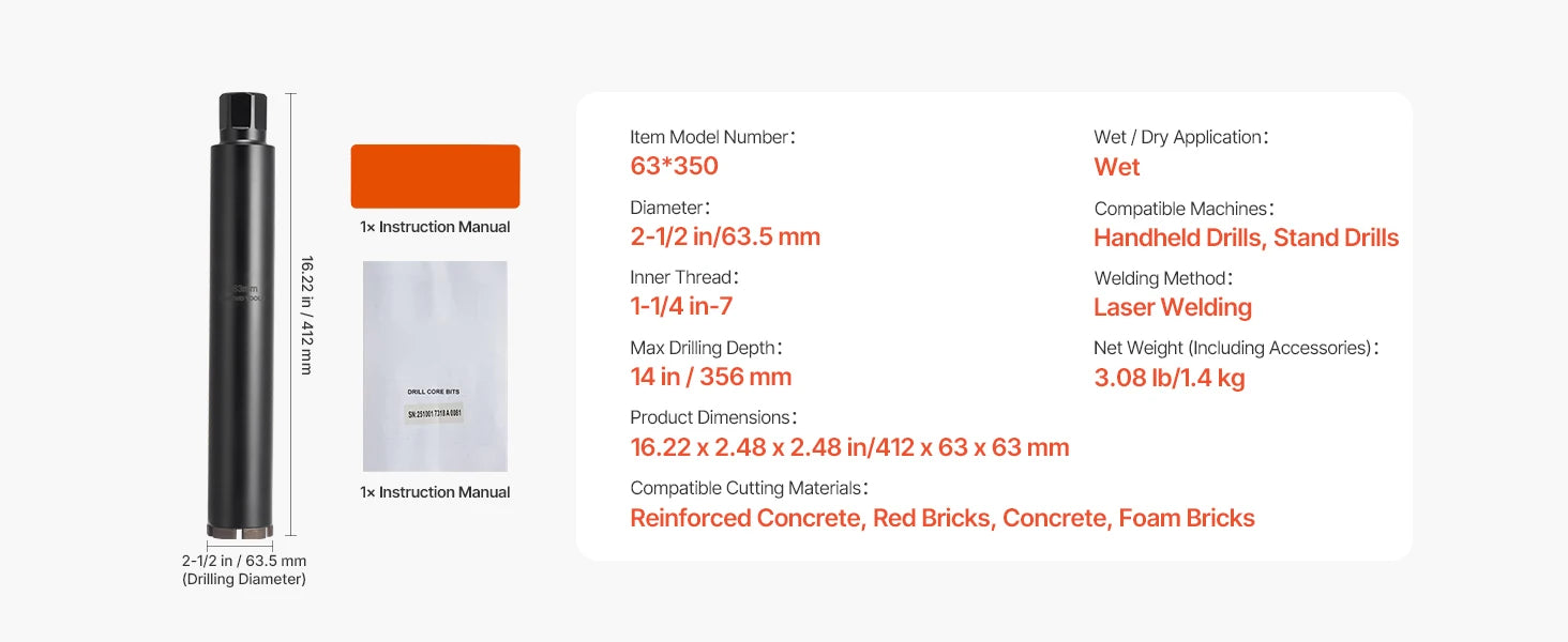 Diamond Core Drill Bit with Adapters for Concrete & Brick Drilling