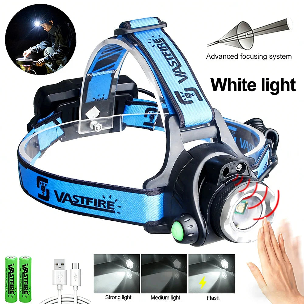 Lanterna frontal LED recarregável com feixe ajustável