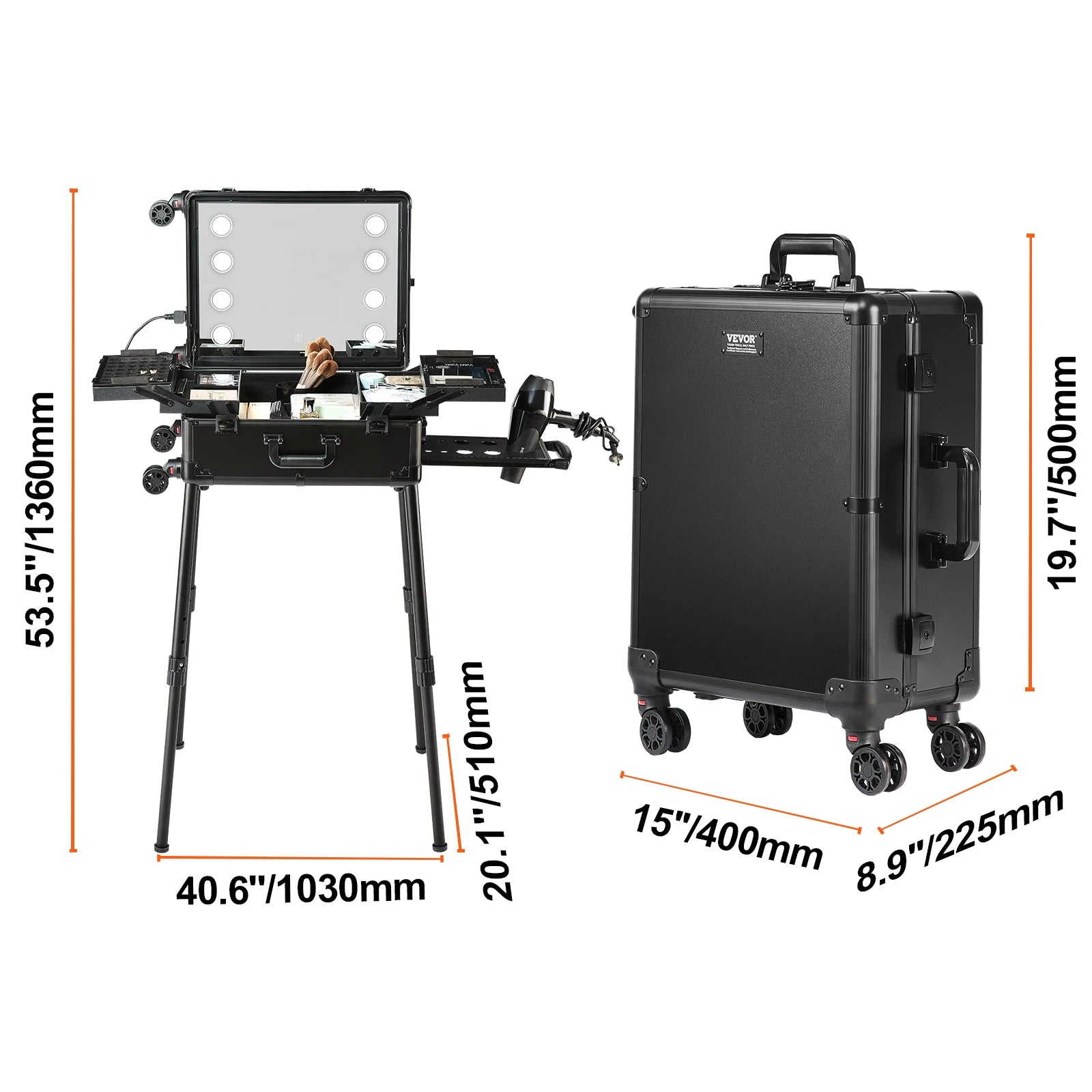 SucceBuy Professional Makeup Train Case Aluminum Cosmetic Case Workbench With Supporting Legs Rolling Makeup Case Extra Large